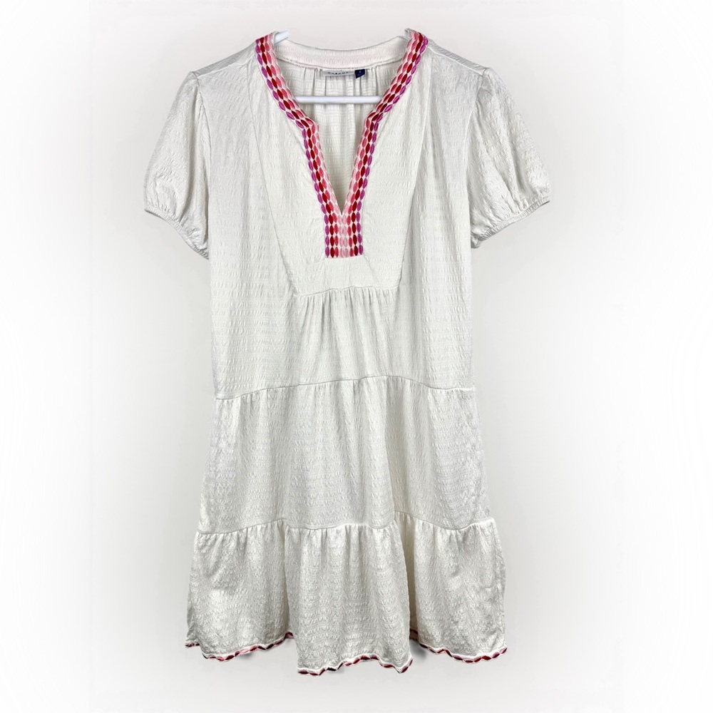 Cabana Life S/S White Embroidered Tiered Dress Pink Trim Puff Sleeves Size S